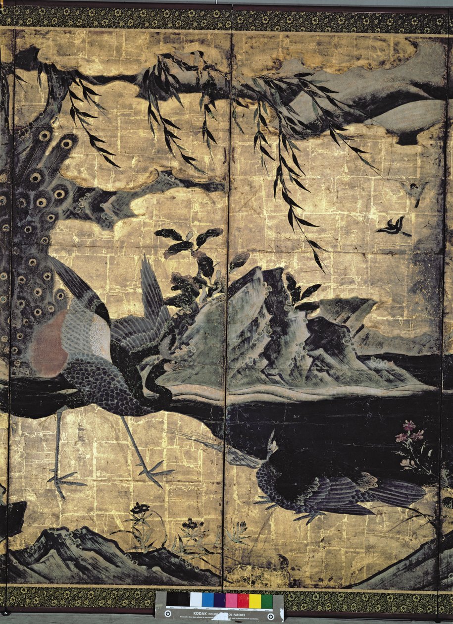 四季の鳥と花（ペンとインク、色、パネル上の金の紙）（216551、216553を参照） 作： 狩野草州