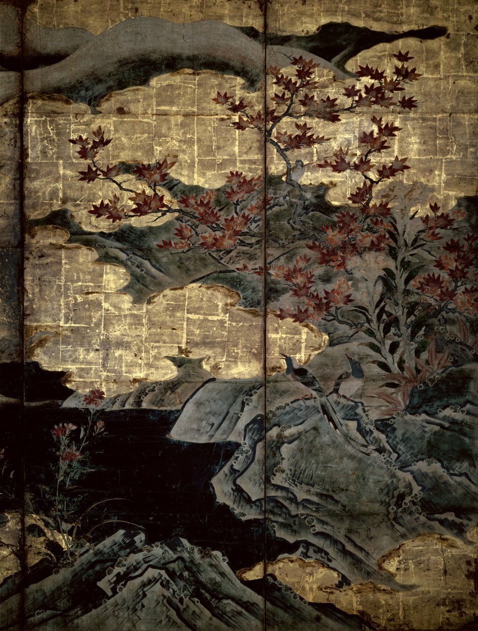 四季の鳥と花（ペンとインク、色、パネル上の金の紙）（216552、216551を参照） 作： 狩野草州