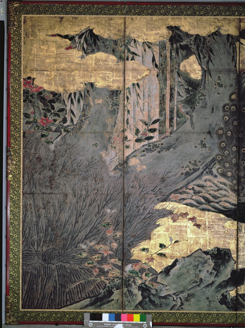 四季の鳥と花（ペンとインク、色、パネル上の金の紙）（216552、216553を参照） 作： 狩野草州