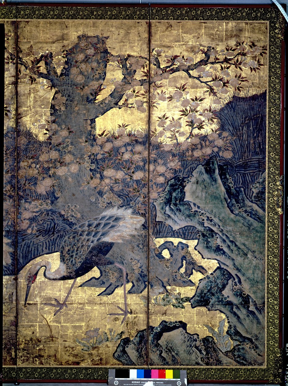 四季の鳥と花（ペンとインク、色、パネル上の金の紙）（216555、216554を参照） 作： 狩野草州