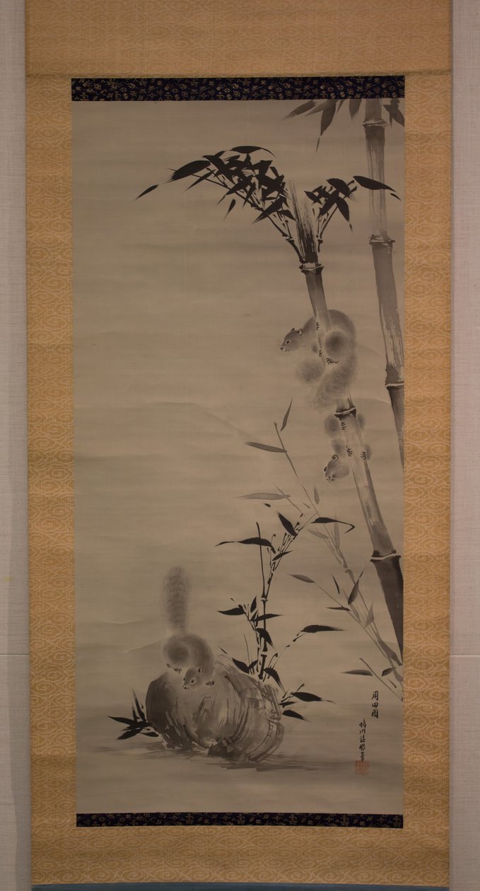 竹と岩に乗ったリスたち 19世紀 作： 狩野養信