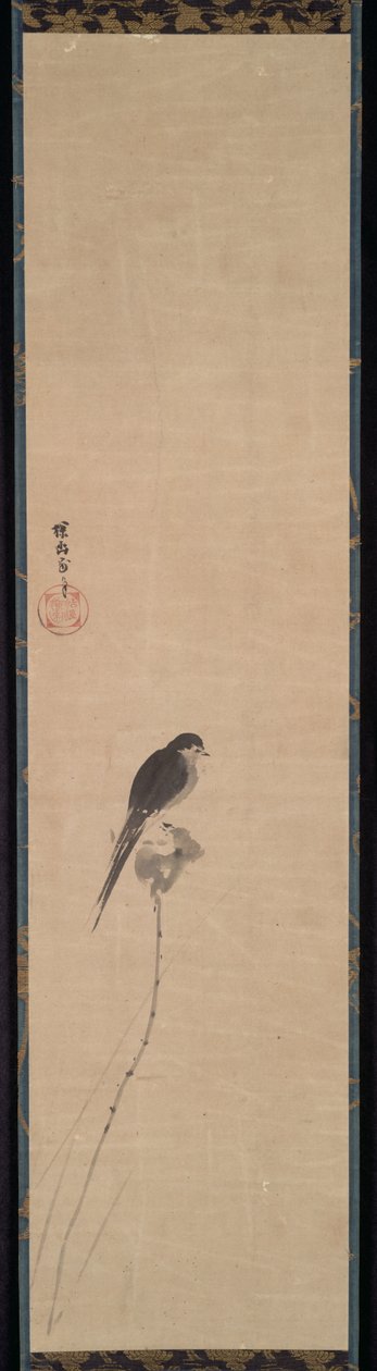 ハスのつぼみにとまる鳥、1600 年代。 作： 狩野探幽