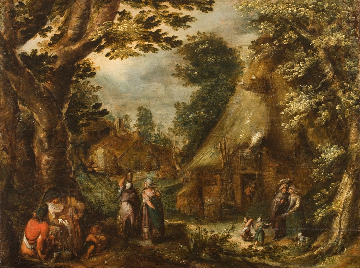 素朴な風景、1590年代（オークパネルに油彩） 作： カレル・ヴァン・マンダー