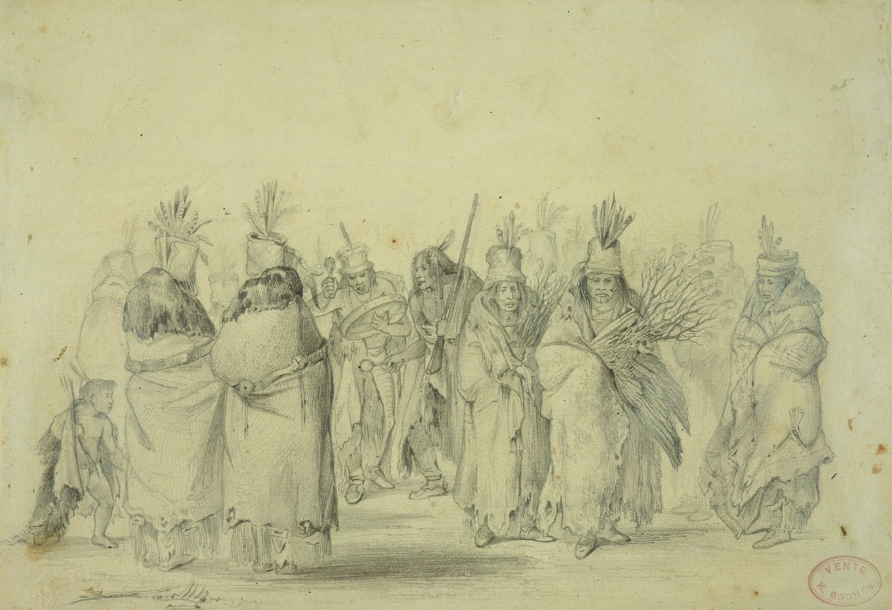 マンダン女性の踊り、1833-43年（紙に鉛筆、ペン、トイレ） 作： カール・ボドマー