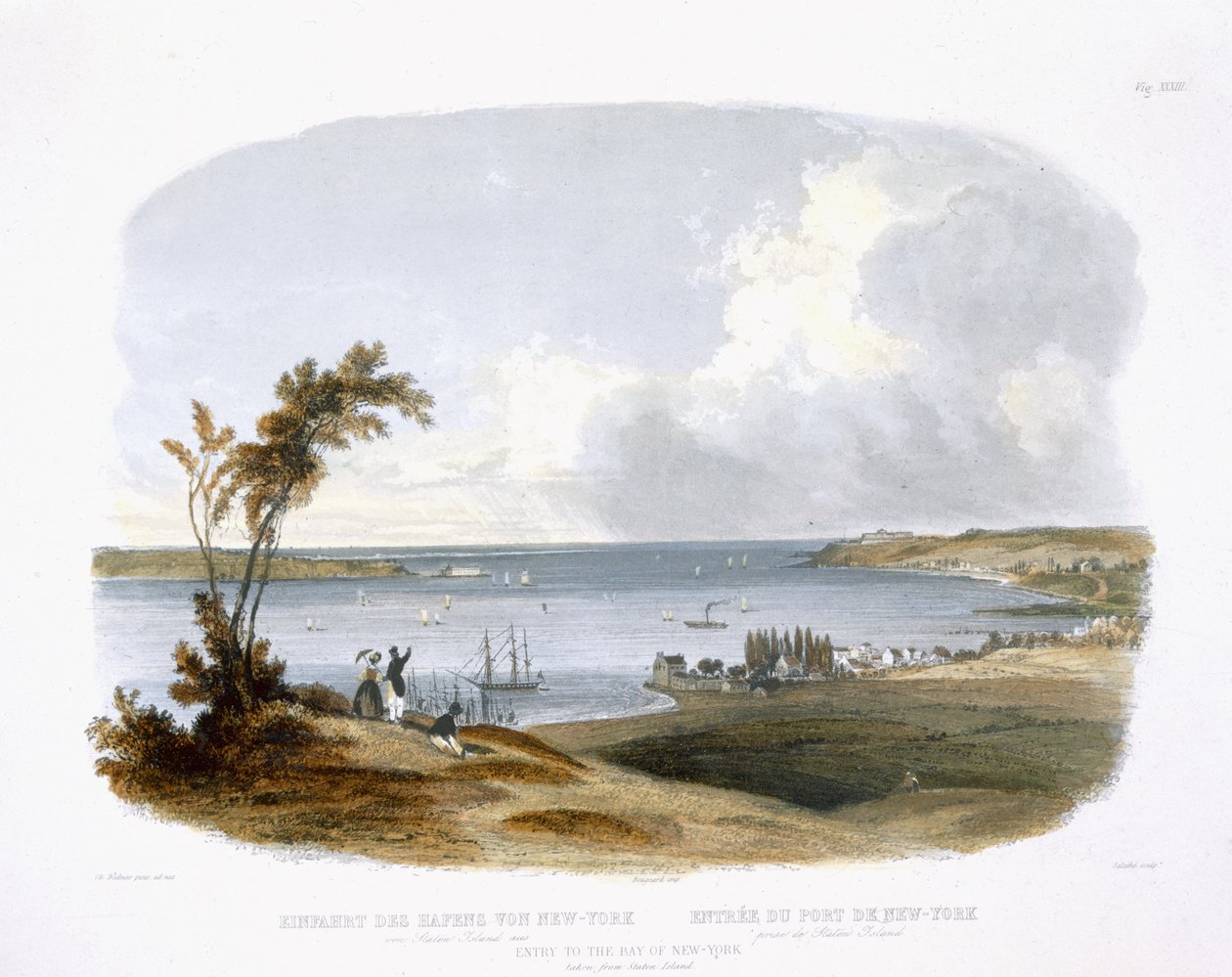 フリードリッヒ・サラテ（1793-1858）1843（アクアチント）によって彫刻された、「北アメリカの内陸の旅」のボリューム1のプレート33、スタテン島から撮ったニューヨーク湾への入り口 作： カール・ボドマー