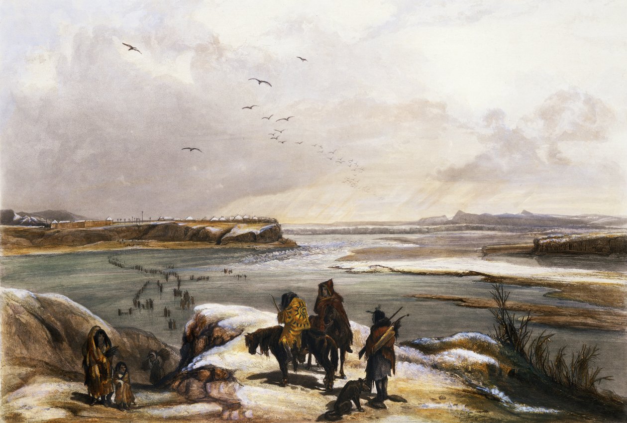 1834年2月、ミズーリ州のフォートクラーク、「北アメリカの内陸の旅」第2巻のプレート15、ルーカスウェーバー作、1844年（アクアチント） 作： カール・ボドマー