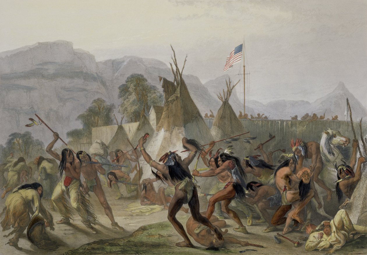 1833年8月28日、マッケンジー砦、「北アメリカの内陸の旅」第2巻の版42、1844年にアレクサンドルマンソーとJ.ハリマンが彫刻 作： カール・ボドマー