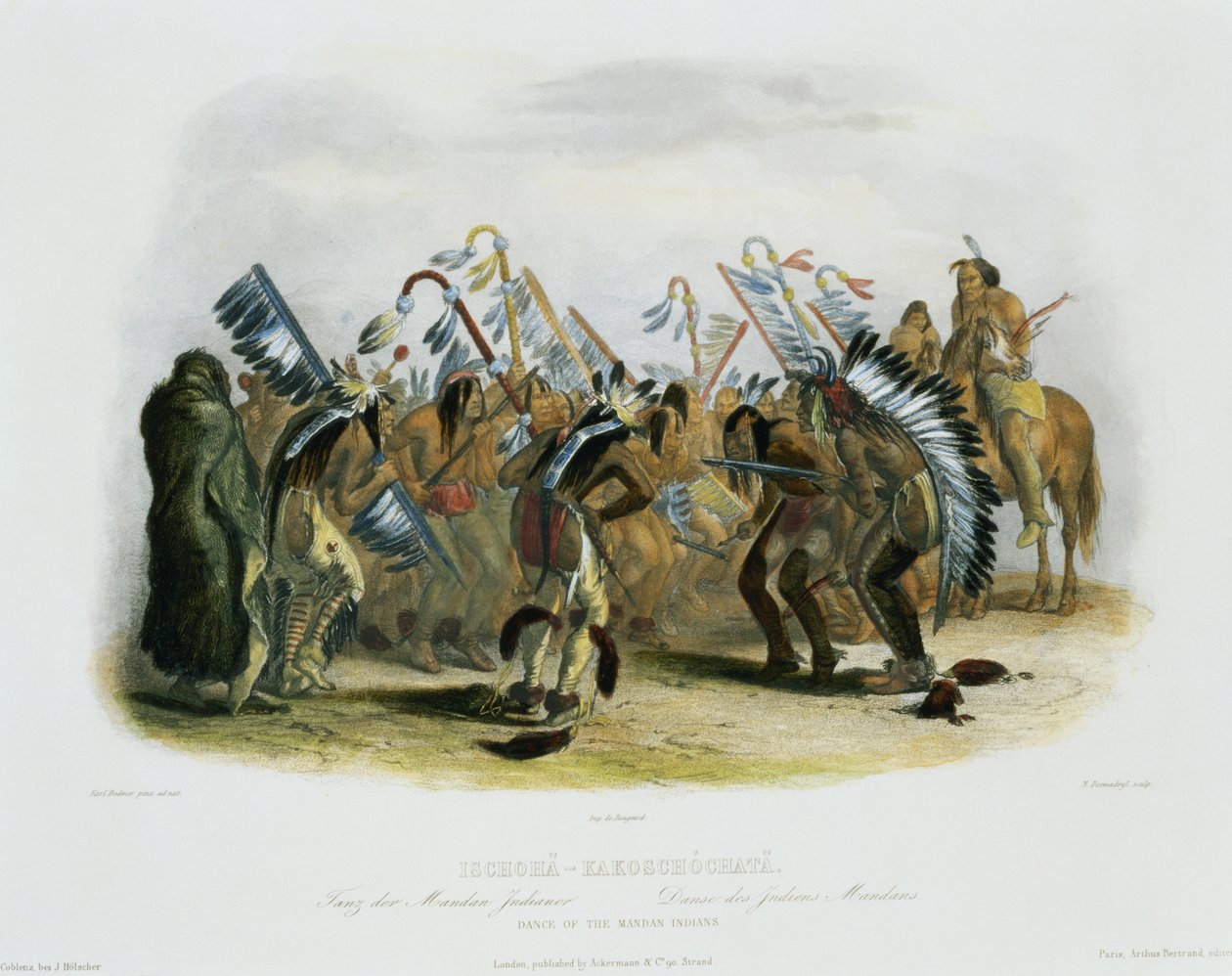Ischoha-Kakoschochata、マンダンインディアンの踊り、Narcisse Desmadryl、1843年に彫刻された「北アメリカの内部の旅」のボリューム1からのプレート25（アクアチント） 作： カール・ボドマー