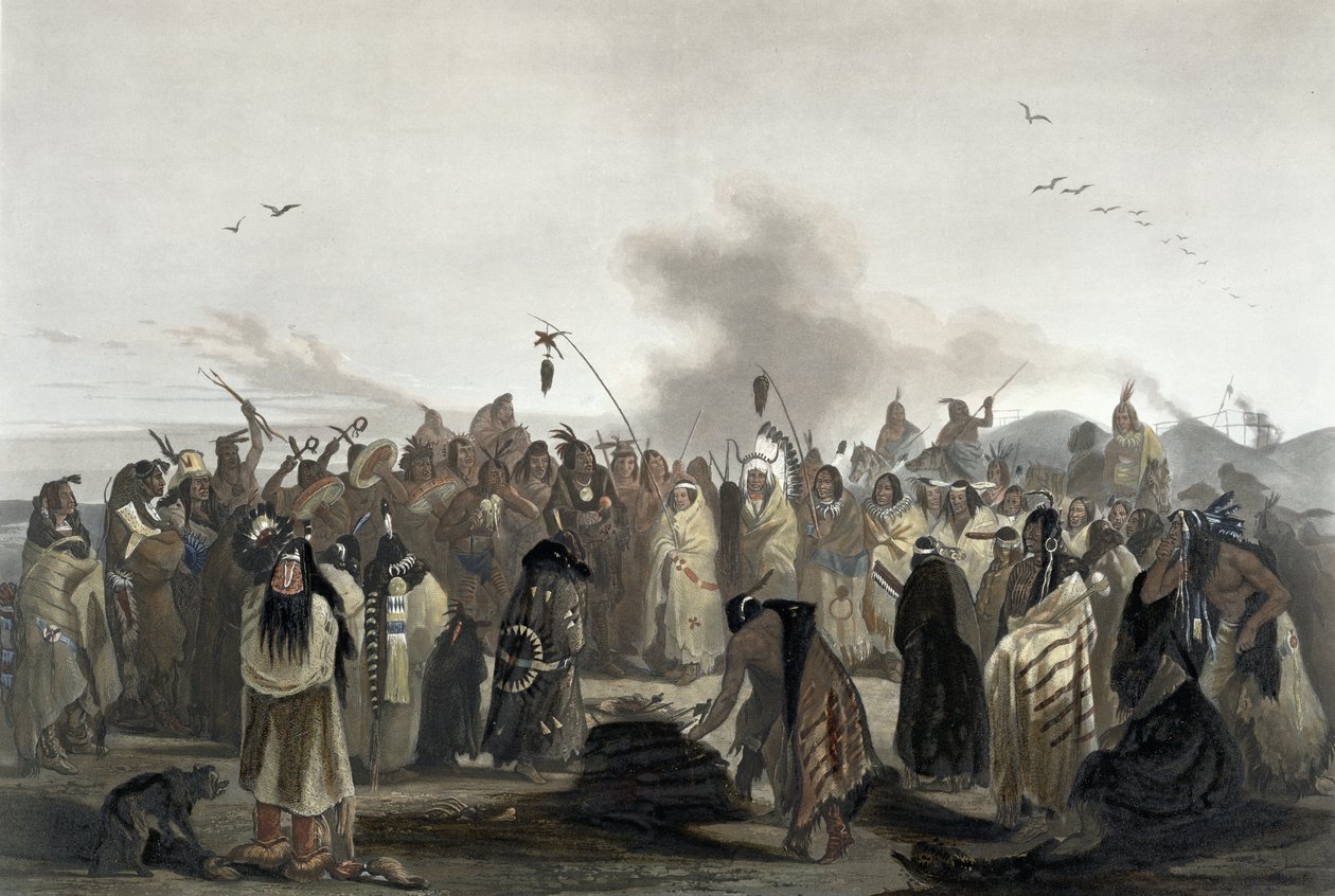 カールフォーゲル（1816-51）1844（アクアチント）によって彫刻された、ミナタールのスカルプダンス、「北米の内陸の旅」のボリューム2のプレート27 作： カール・ボドマー
