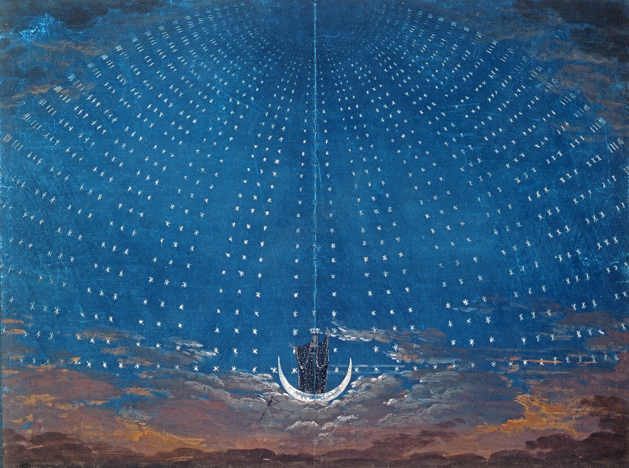 夜の女王の宮殿、1816年のベルリンでの制作のためのヴォルフガングアマデウスモーツァルト（1756-91）による「マジックフルート」のデザインセット 作： カール・フリードリッヒ・シンケル