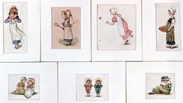 子供たちが遊んでいる様子を描いた水彩画のミニチュアコレクション 作： ケイト・グリーナウェイ