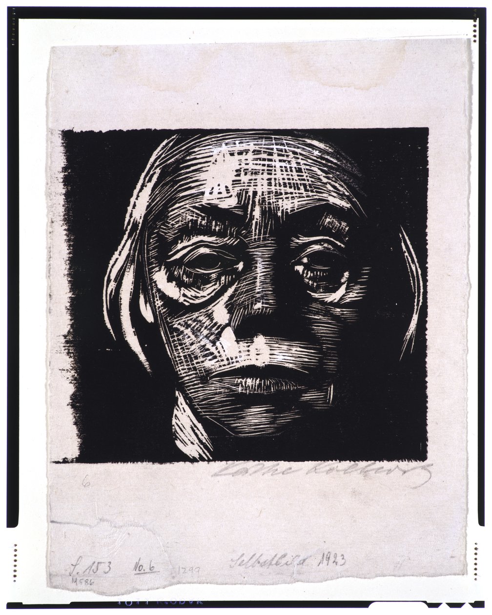 自画像、1923年（木版画、織り紙に触れた証拠） 作： ケーテ・コルヴィッツ