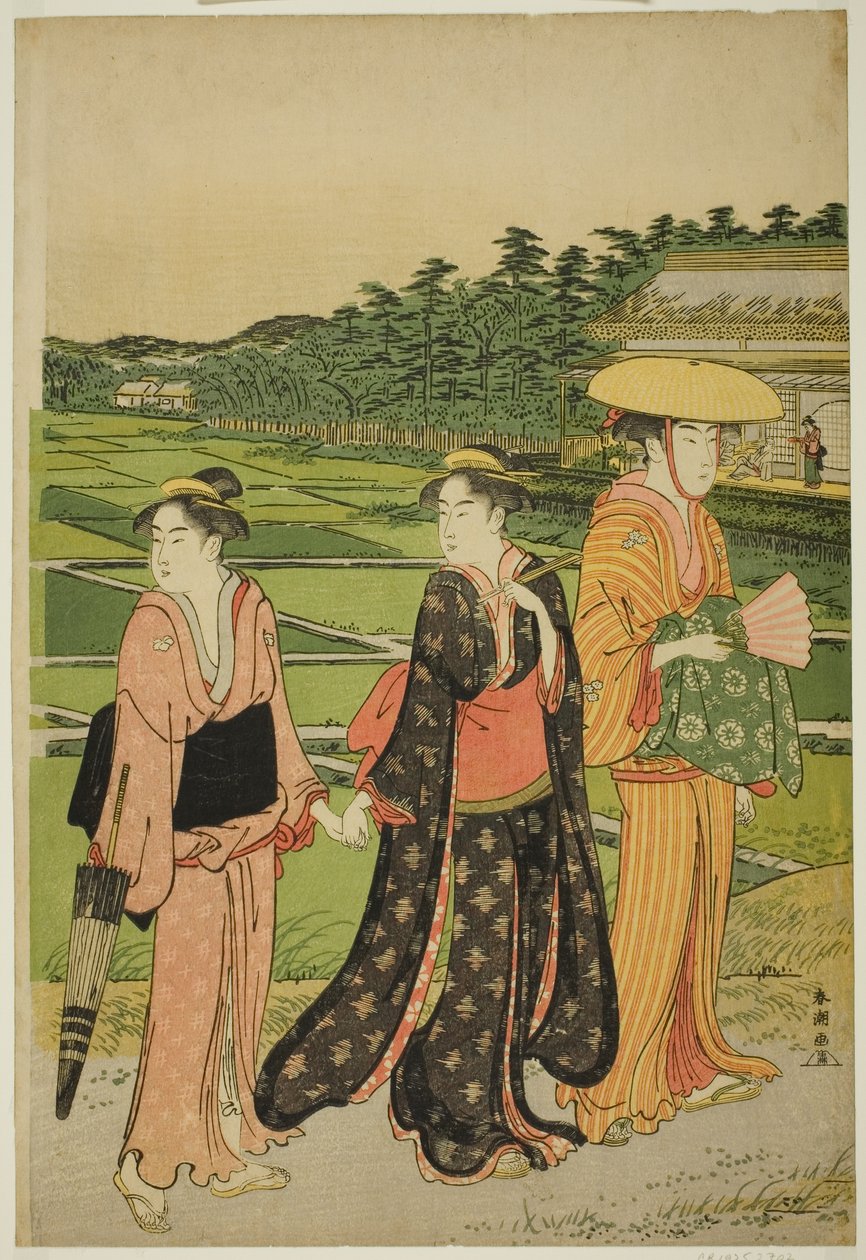 田んぼの近くの 3 人の女性 作： 勝川春長