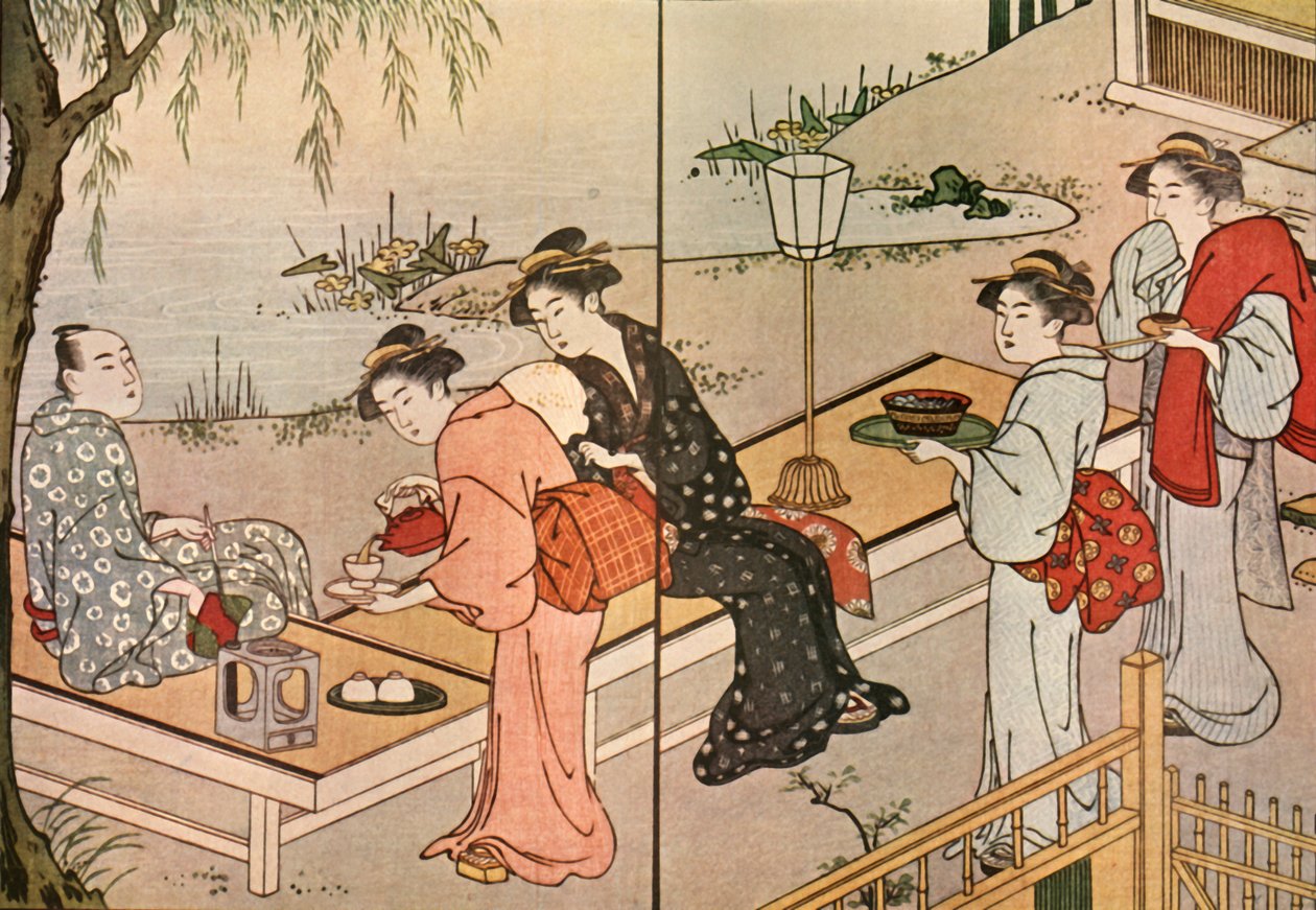 お茶を出す女性、1790年、1924年。 作： 勝川春長