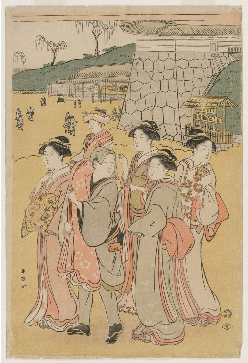 神社に女の子を連れて行く女性 作： 勝川春長