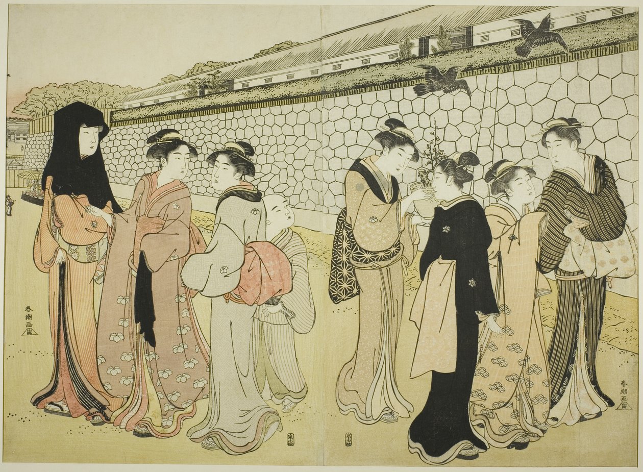 お堀を歩く女性たち 作： 勝川春長