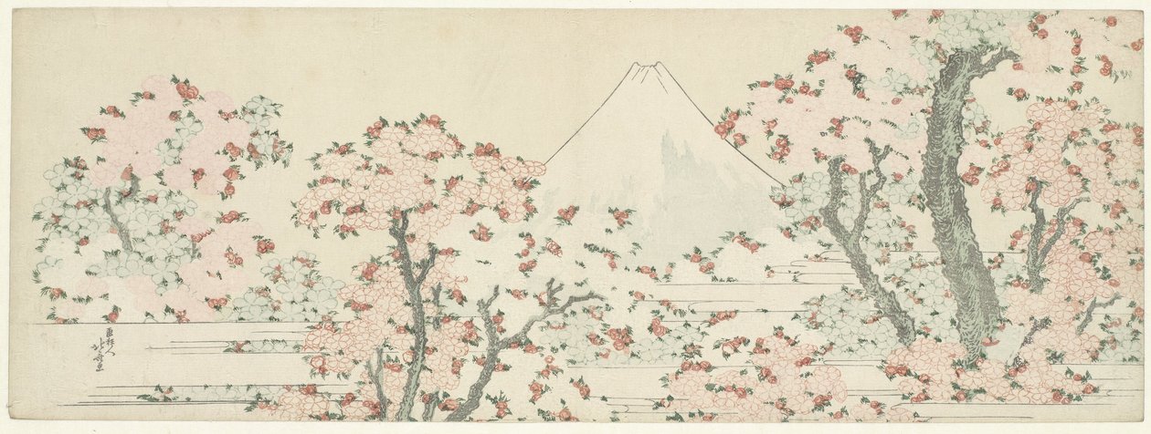 桜の上の富士、c.1800-1805（木版画） 作： 北斎勝鹿