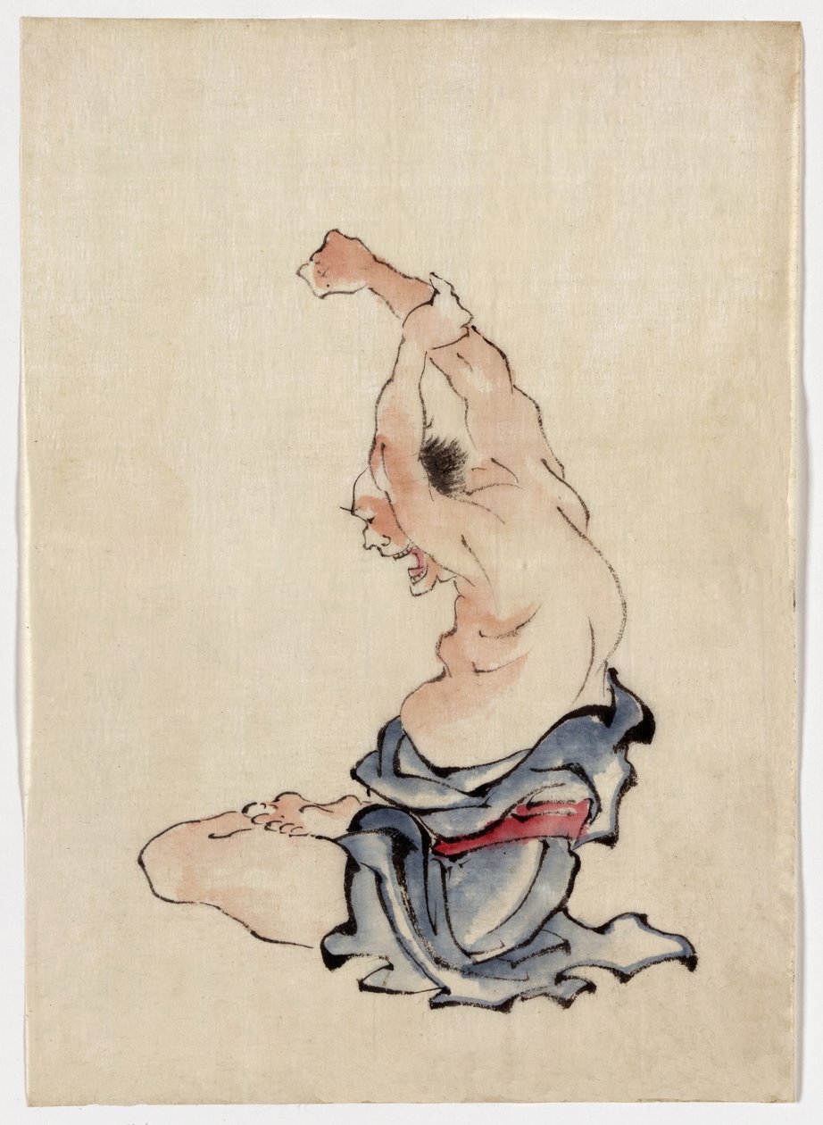 1830〜50年に公開されたMan Stretching（カラーインクウォッシュ） 作： 北斎勝鹿