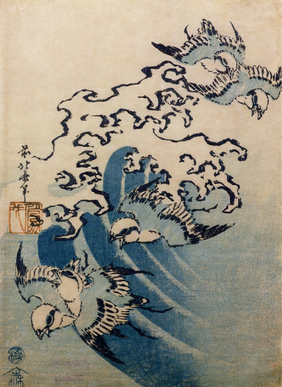 波と鳥、1825年頃（カラー木版画） 作： 北斎勝鹿