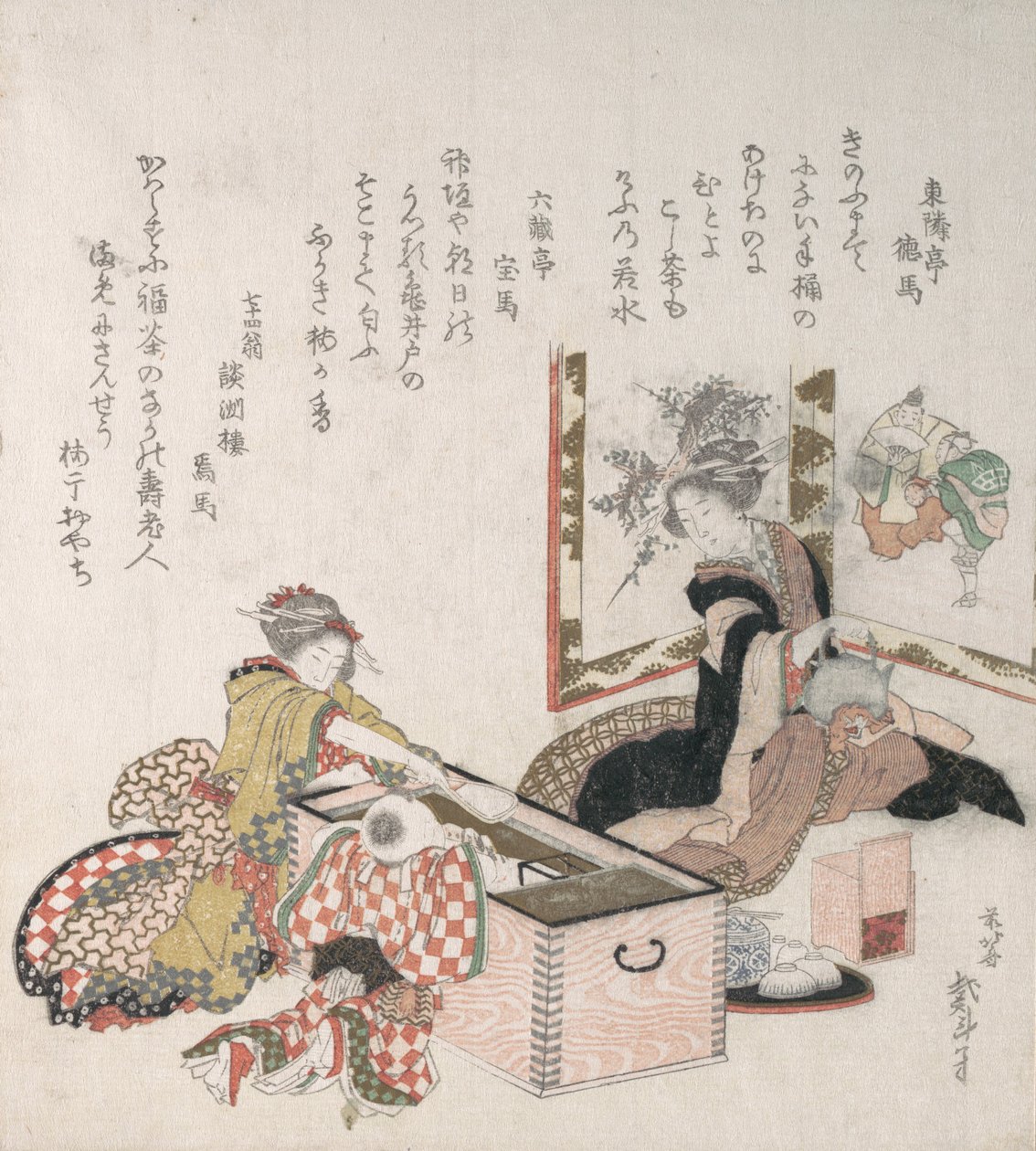 ファイヤーホルダーの周りでお茶を準備する女性、1816年。 作： 北斎勝鹿