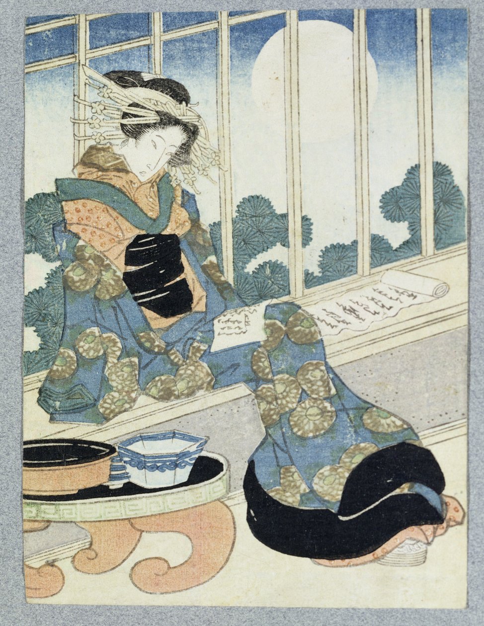 月明かりで読む日本の女性（木版画） 作： ケイサイイェイセン