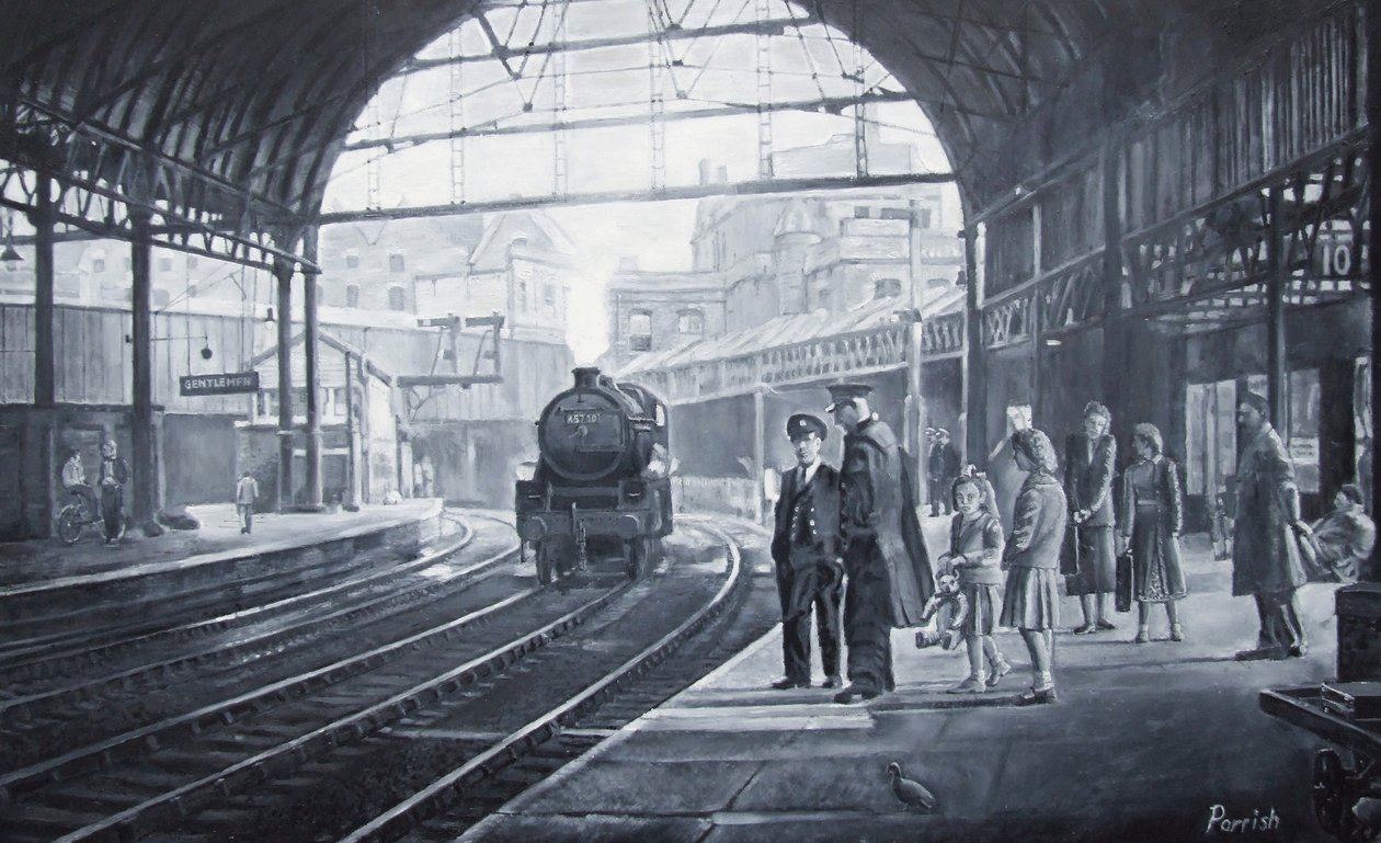 電車を待って、2008（oils） 作： 鉄道アーティストパリッシュのケビンギルド