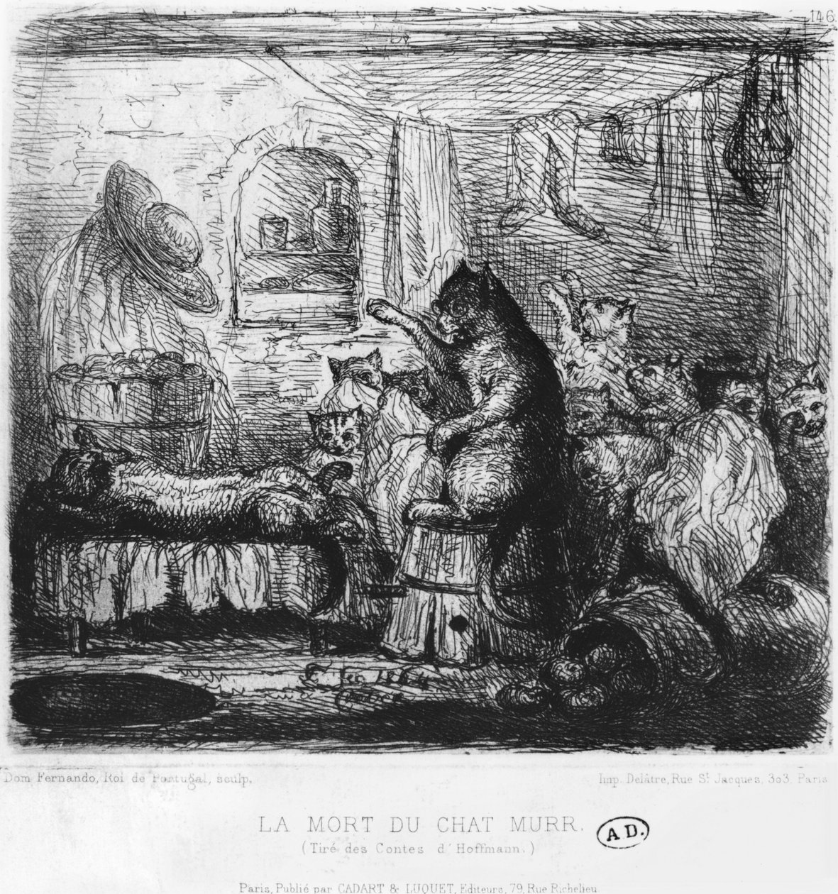 猫のムールの死、エルンスト・テオドール・アマデウス・ホフマン（1776-1822）による猫のムールの人生観からの挿絵1820-22年 作： キングオブポルトガルフェルナンドII