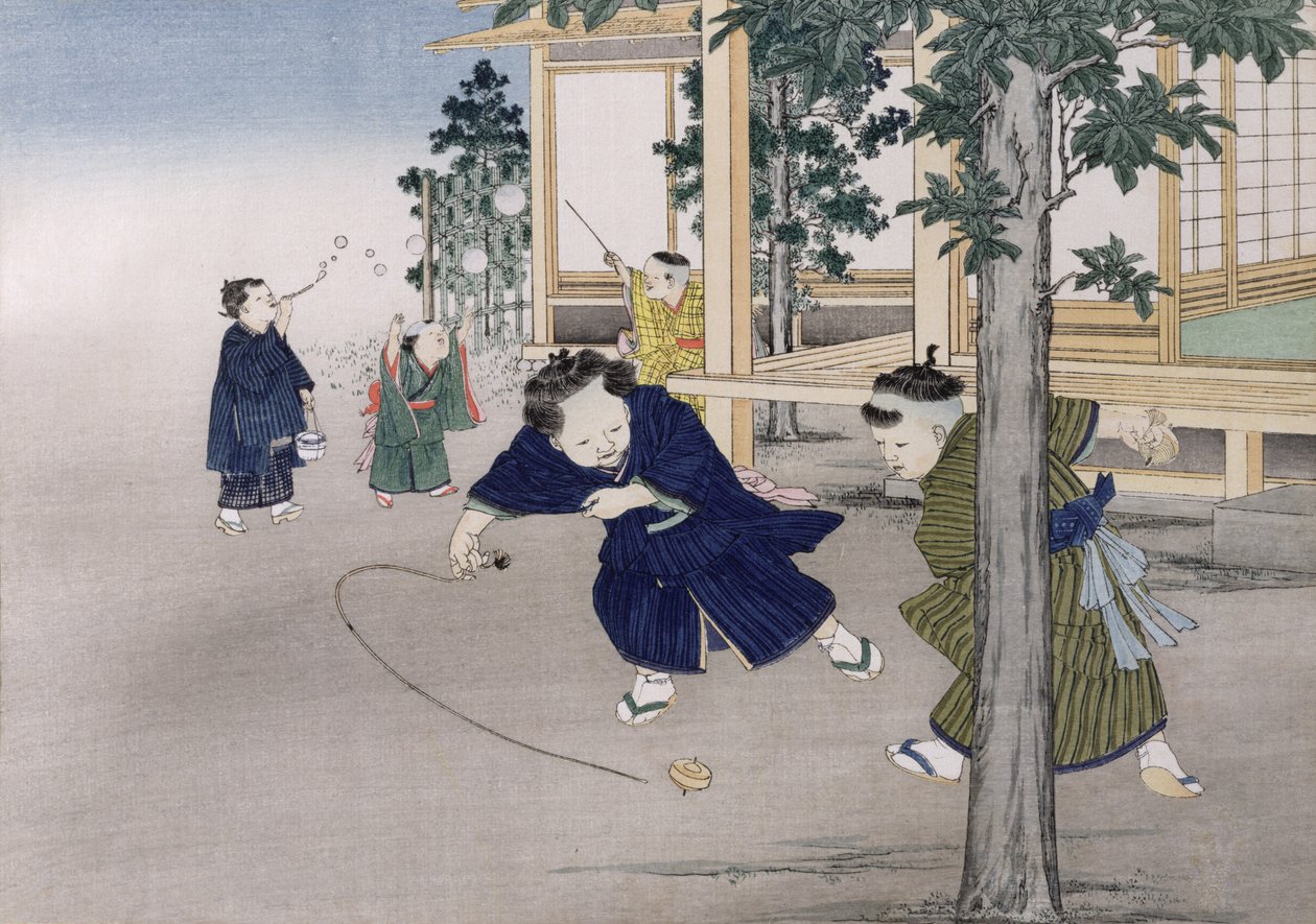 シリーズ「子供用ゲーム」のトップを回して泡を吹く、1888年（カラーの木版画） 作： 小林栄策