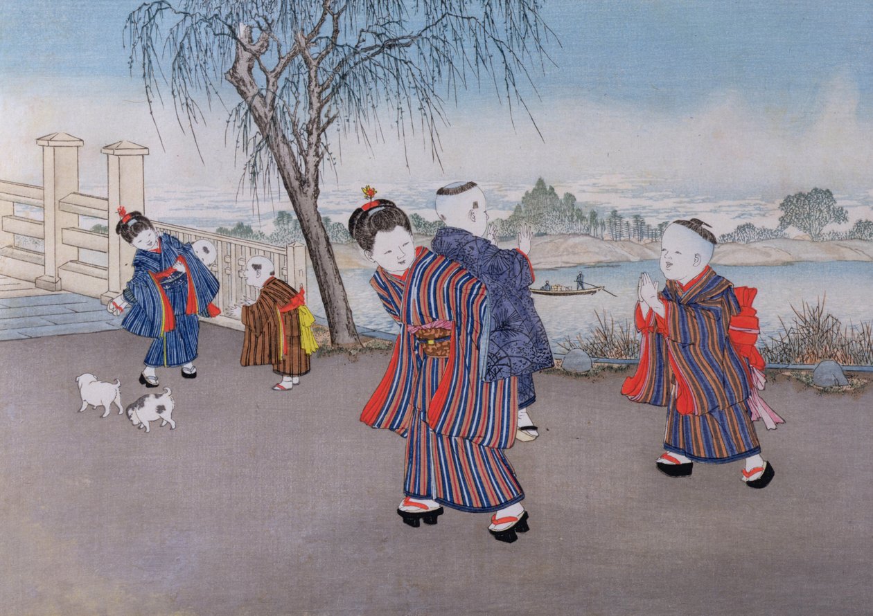 シリーズ「子供用ゲーム」からの川沿いの散歩、1888年（色の木版画） 作： 