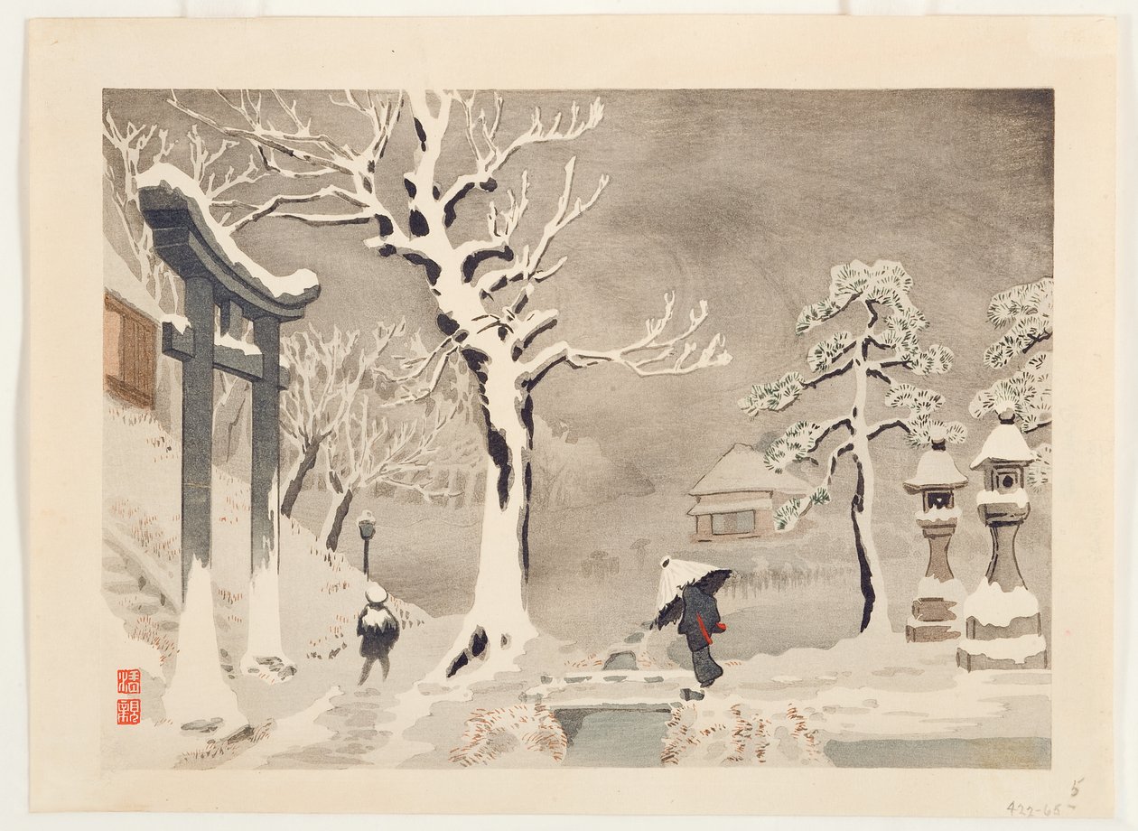 向島みめぐり神社の堤防下の雪景色、1915年頃（木版） 作： 小林清親