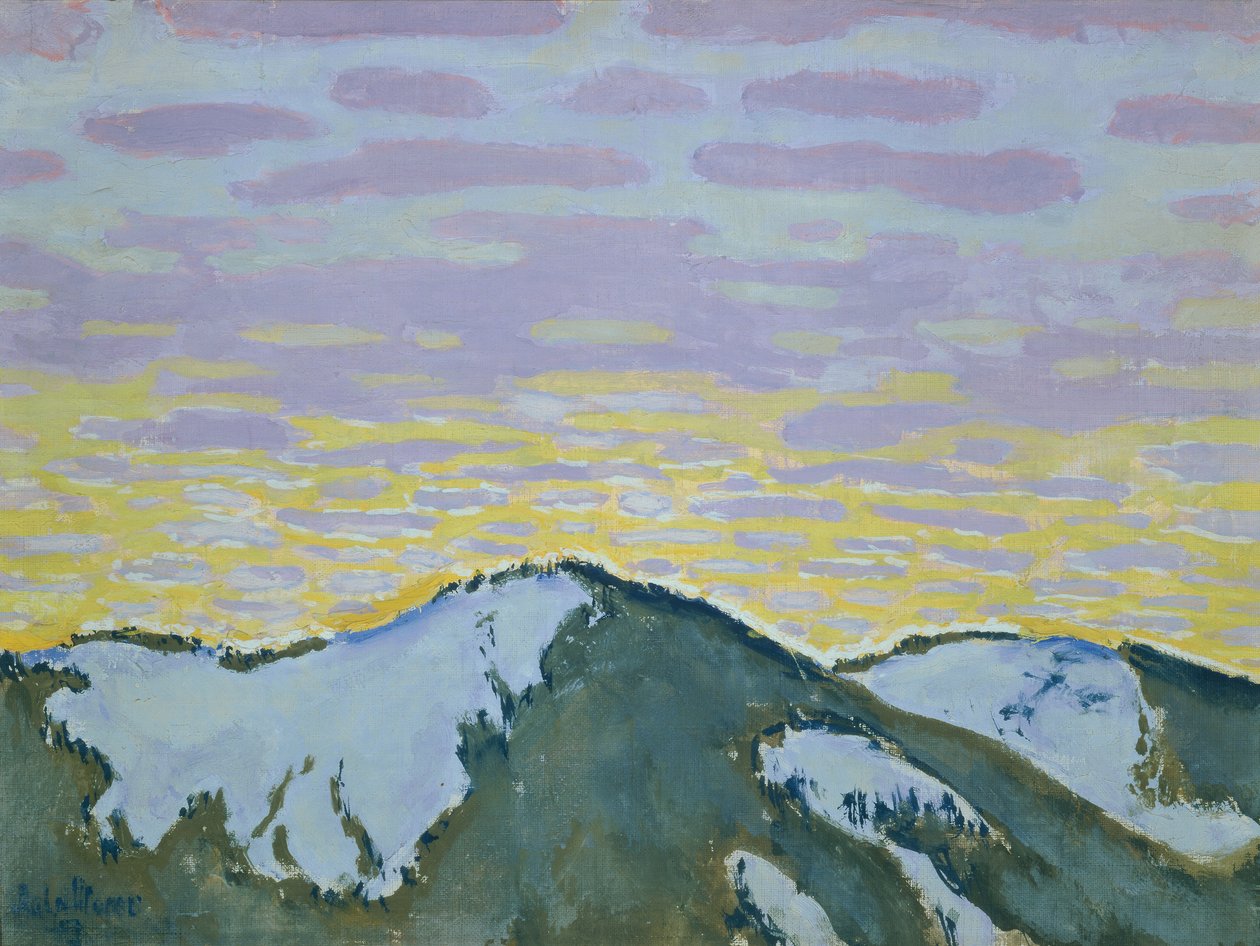夕暮れ時の雪に覆われた山頂 作： コロマンモーザー