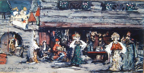 ミンクスの金魚の舞台デザイン、1903年（段ボールに石炭、テンペラ、金） 作： コンスタンチン・アレクゼーヴィッチ・コロヴィン