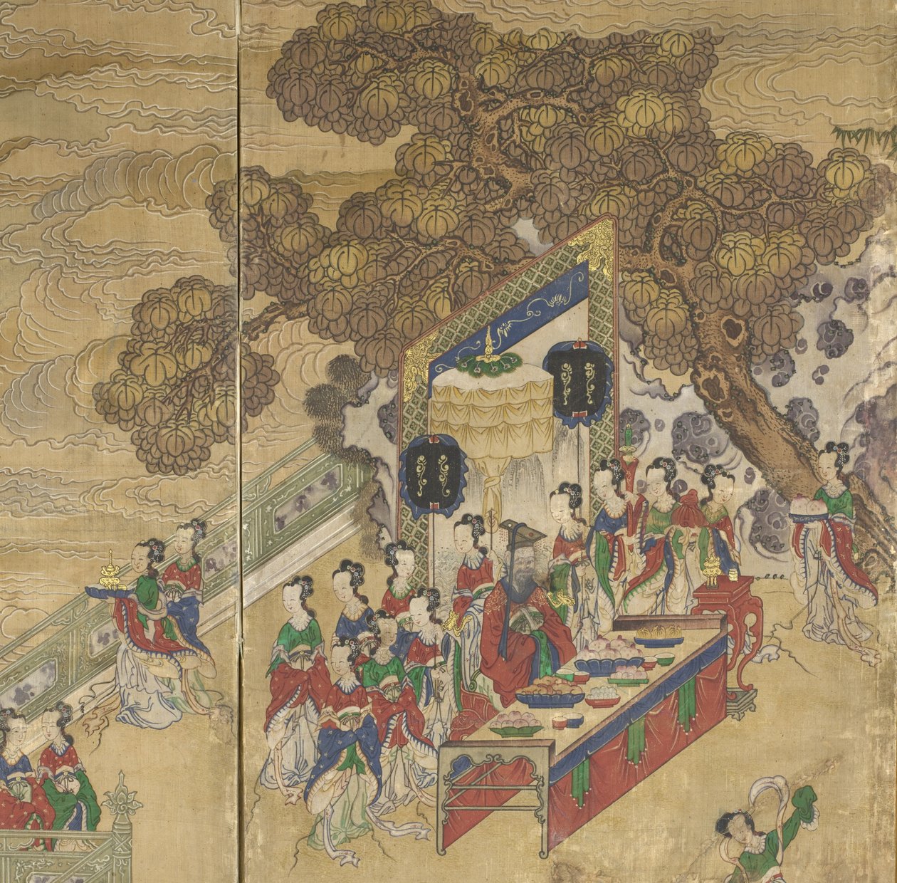 ドンワンゴン、ソワンモの宴会の細部、1800年頃（絹にインク、色、金） 作： 朝鮮学校