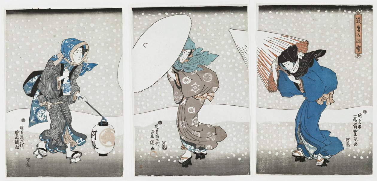年末の大雪、1844年。 作： 国貞