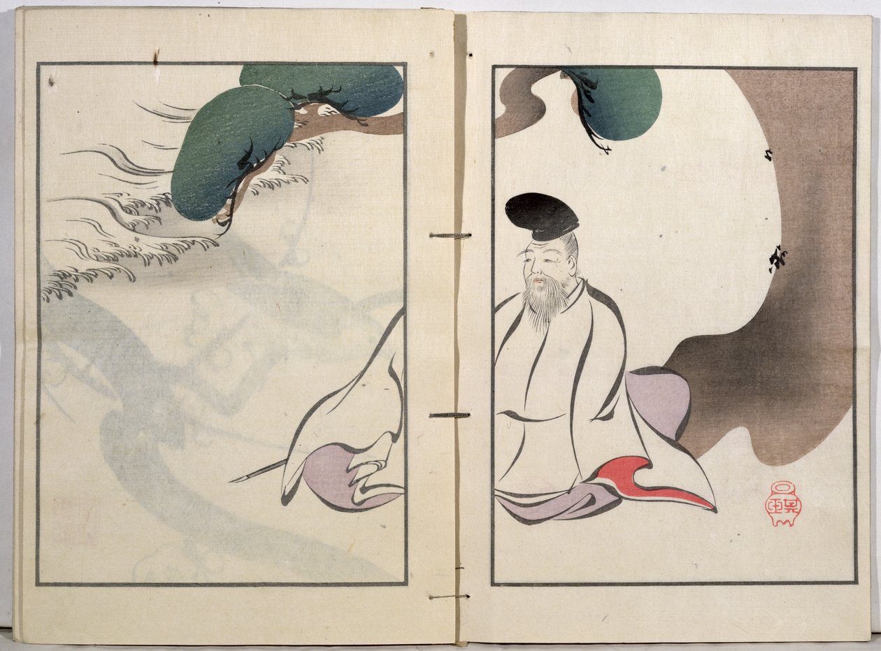 小老文吉が1901年に出版したアーティスト作品集からの老人瞑想（カラー木版画） 作： 黒川保貞喜玉