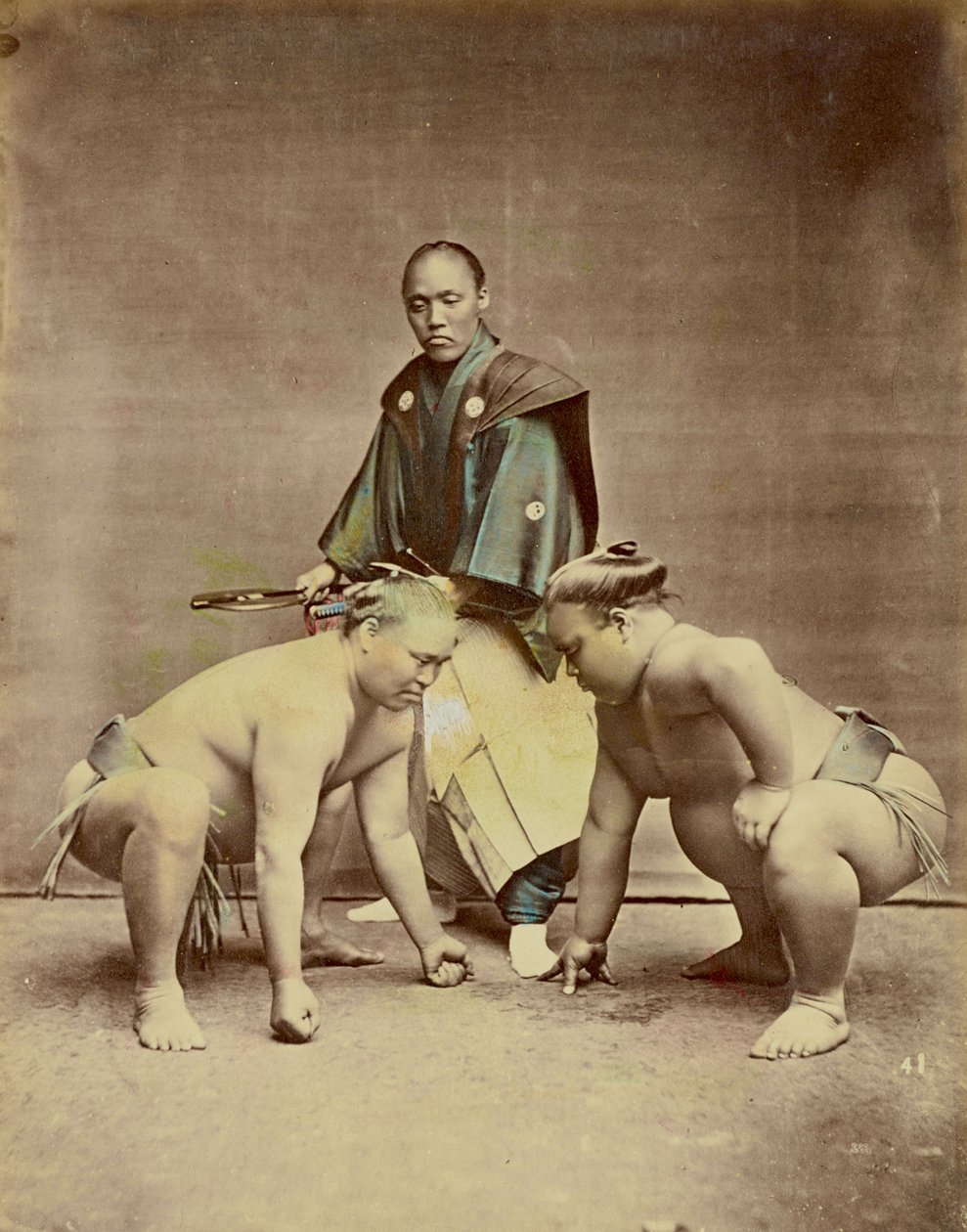 相撲力士、1880年頃（手染めの卵白プリント） 作： 日下部金兵衛