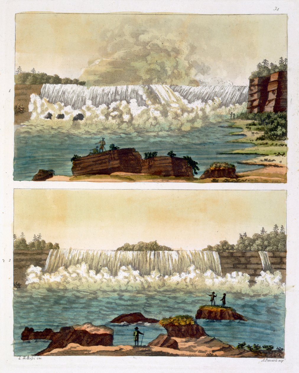 ナイアガラの滝、1818年（カラー彫刻） 作： ラ・ロッシ
