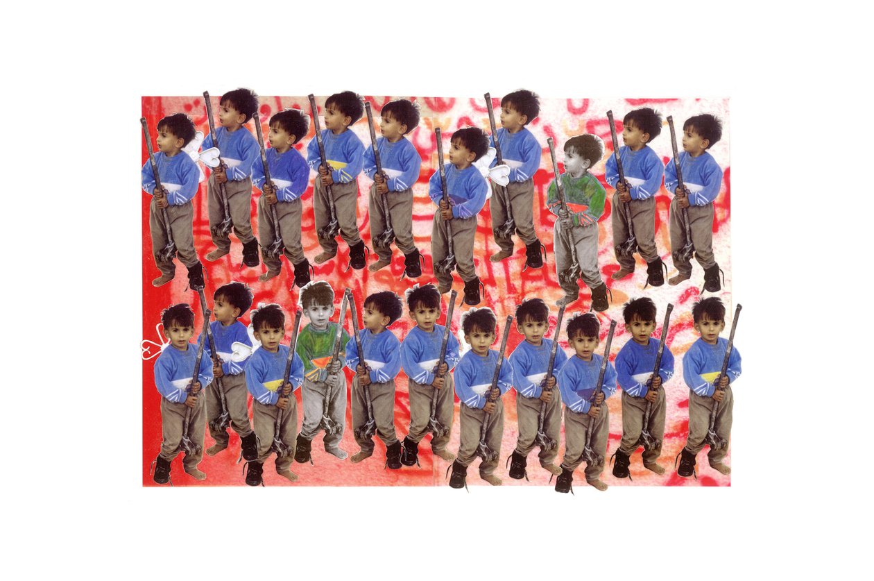 Boy Soldiers、2005-06（紙にコラージュとアセテート） 作： ライラ・シャワ