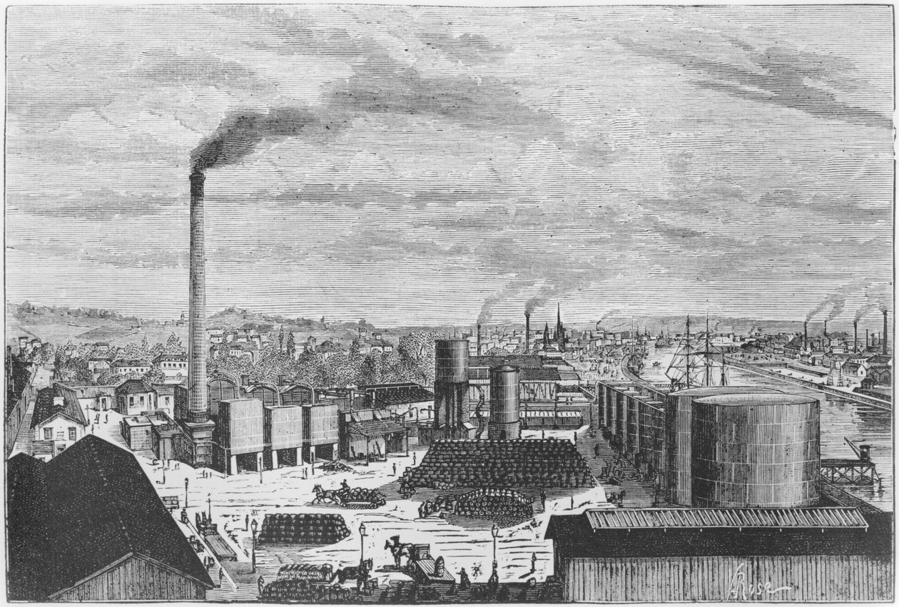 ルーアンの工場であるドイツ企業、ジュリアンターガンの「Les Grandes Usines」のイラスト、1880年頃 作： ローランビクターローズ