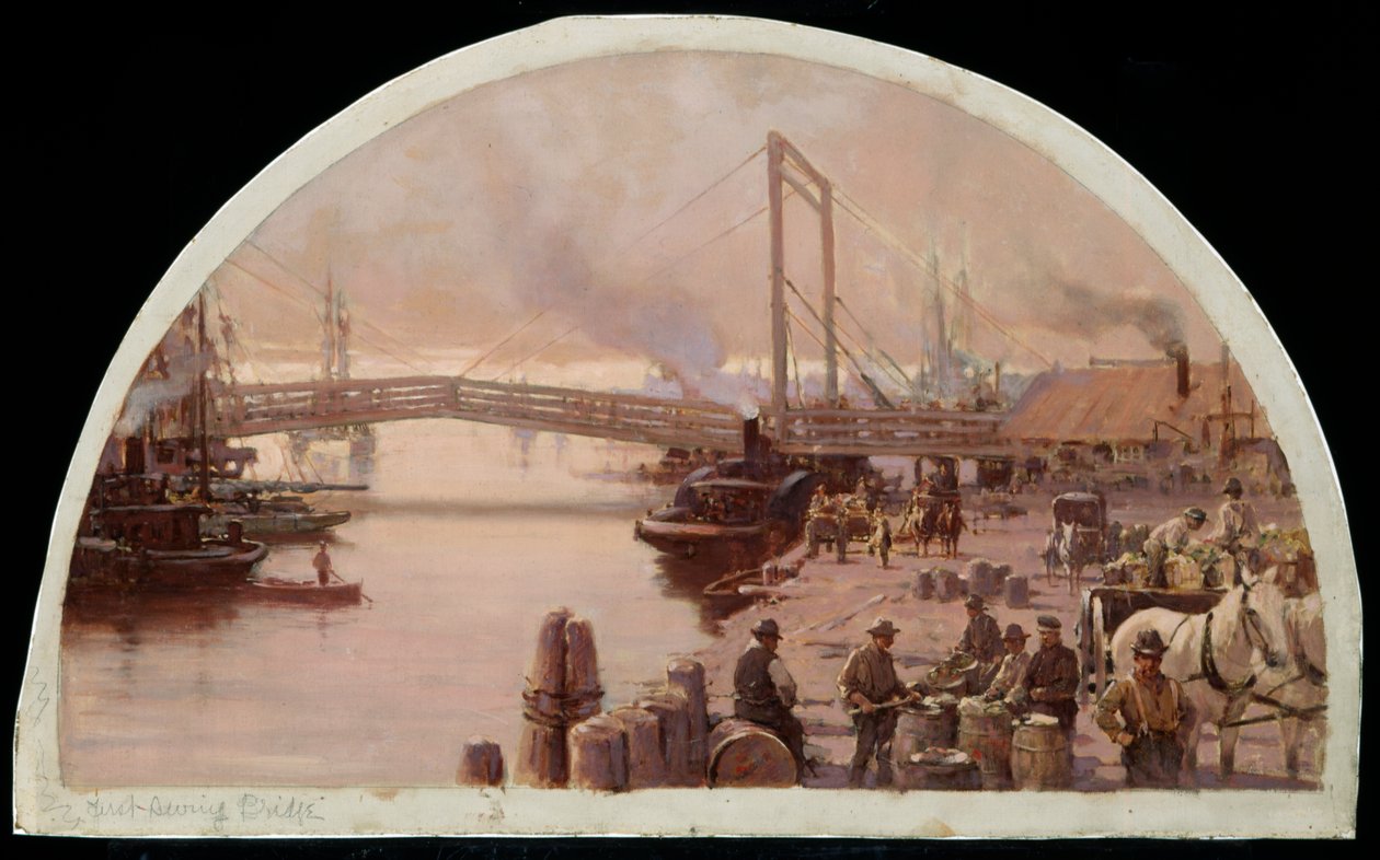 シカゴ川を渡る最初の橋、1834年、1900年 作： ローレンスカーマイケルアール