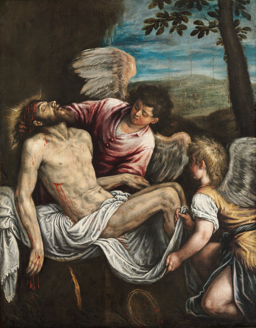 天使と死んだキリスト、c。 1580。 作： レアンドロ・バッサーノ