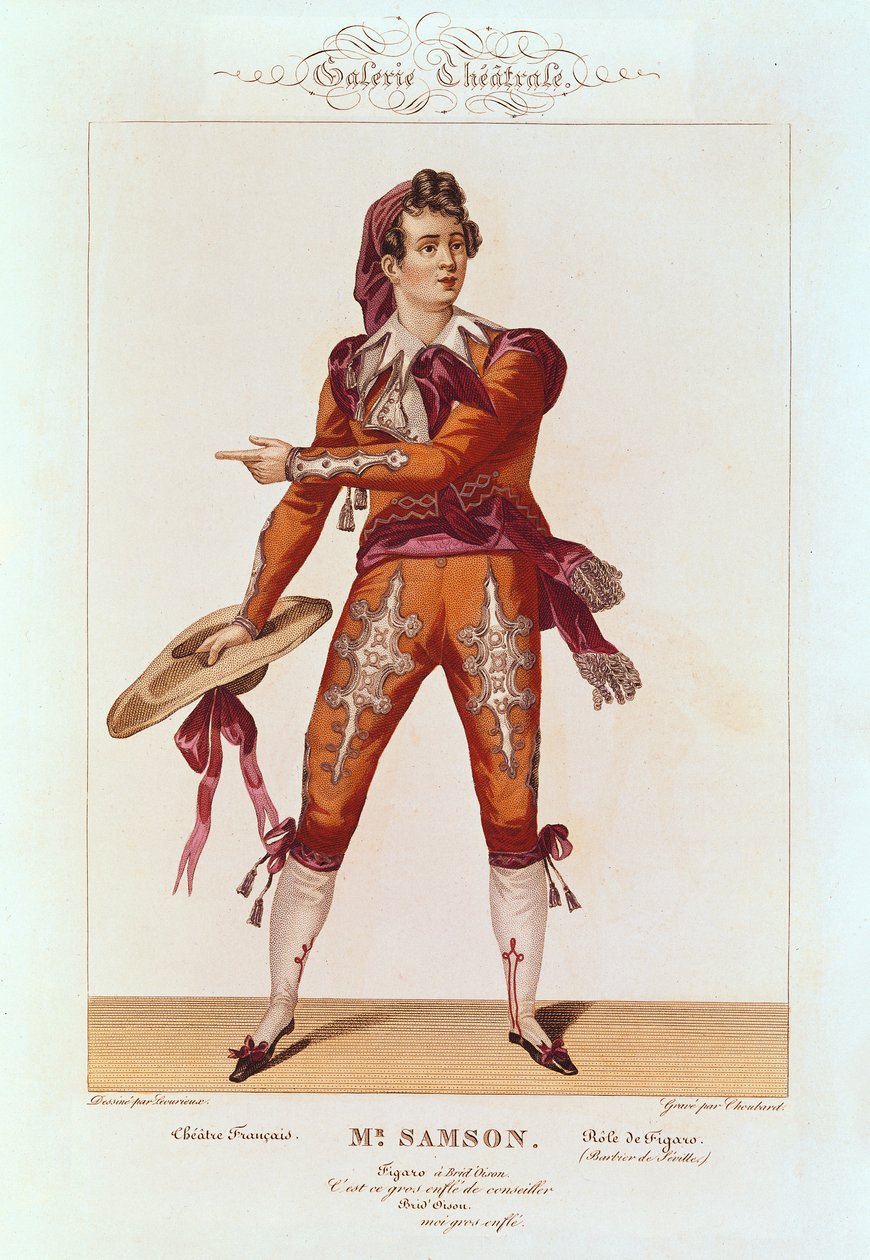 ジョバール・イビドーレ・サムソン（1793-1871）、「セビリアの理髪師」のフィガロ役で、シュバール（fl.1810-30）によって彫刻 作： ルキュリュー