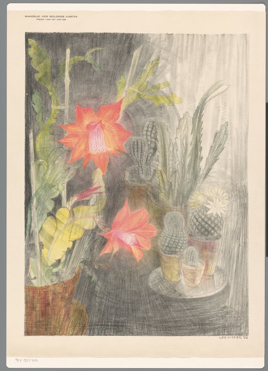 サボテンと植物が咲く鉢 作： レオ・フィセル