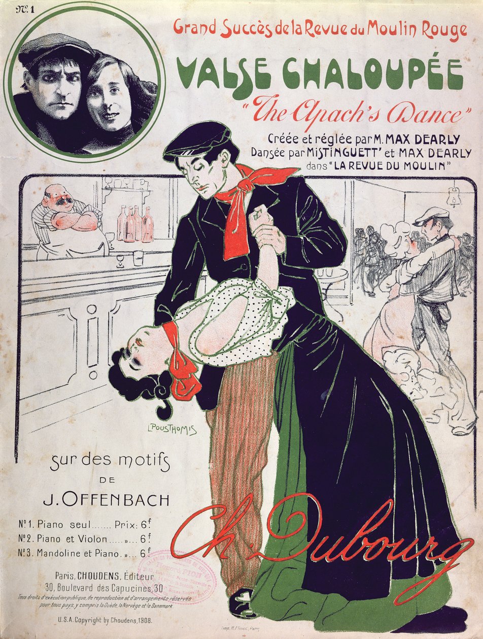 1908年パリの「レヴューデュムーラン」で上演された「ヴァルスシャルーピー」（「アパッチのダンス」）の楽譜の表紙イラスト 作： レオン・プソミス