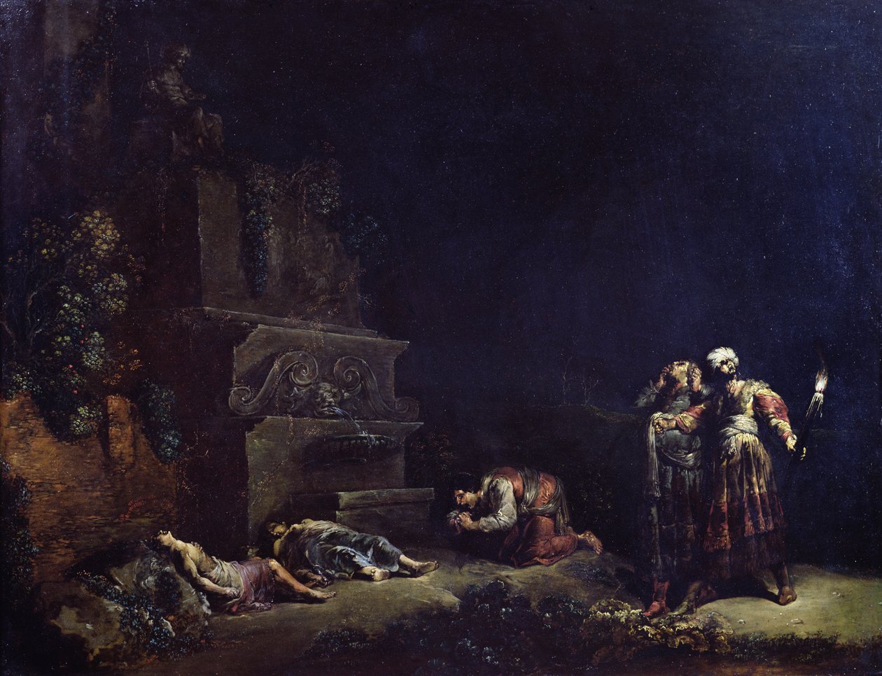ピラミッドとシスベの遺体の発見、c.1630-35（銅に油彩） 作： レナード・ブラマー