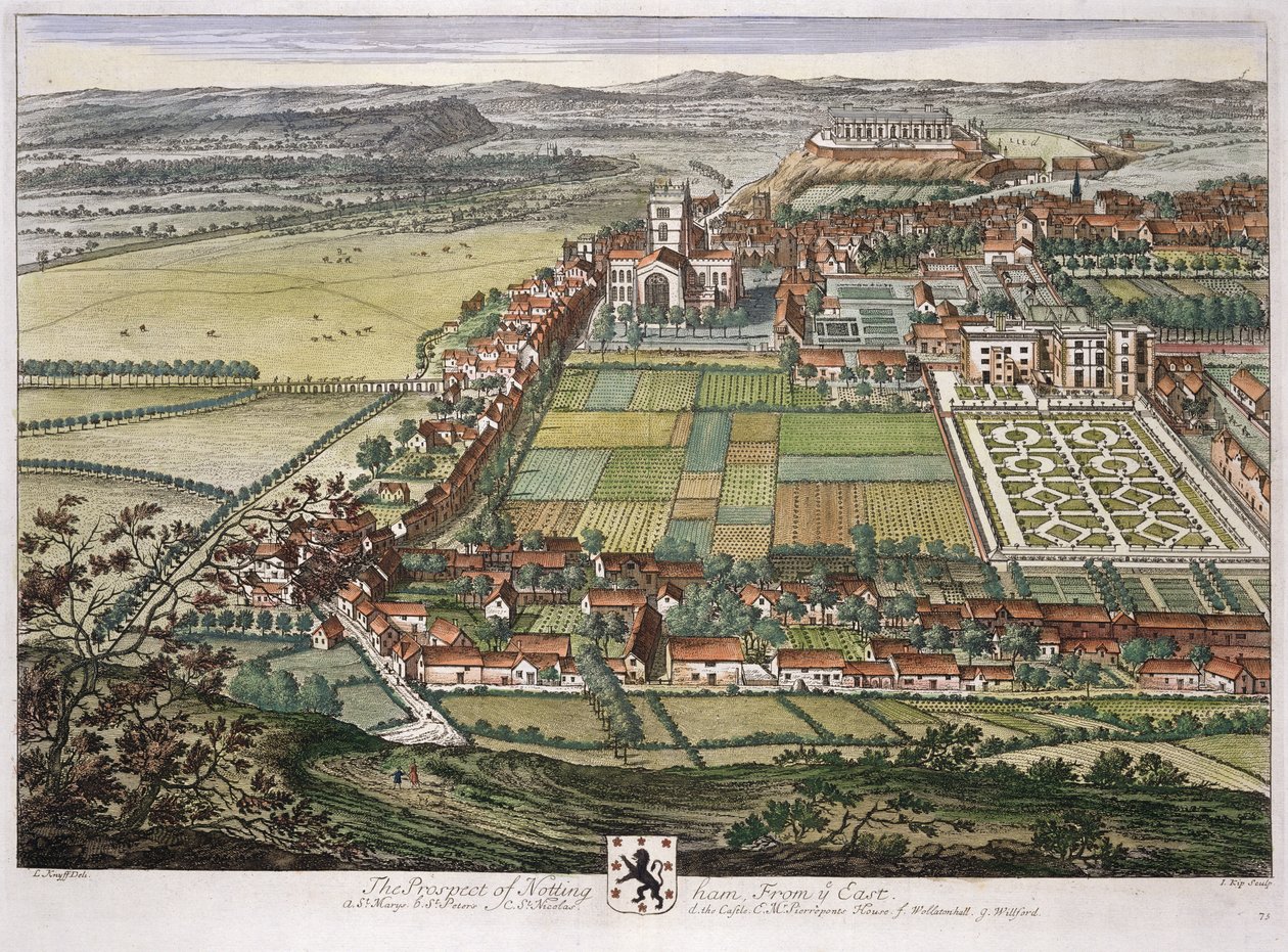 ヨハネスキップ（c.1652-1722）によって刻まれた東からのノッティンガムの展望 作： レナード・ナイフ