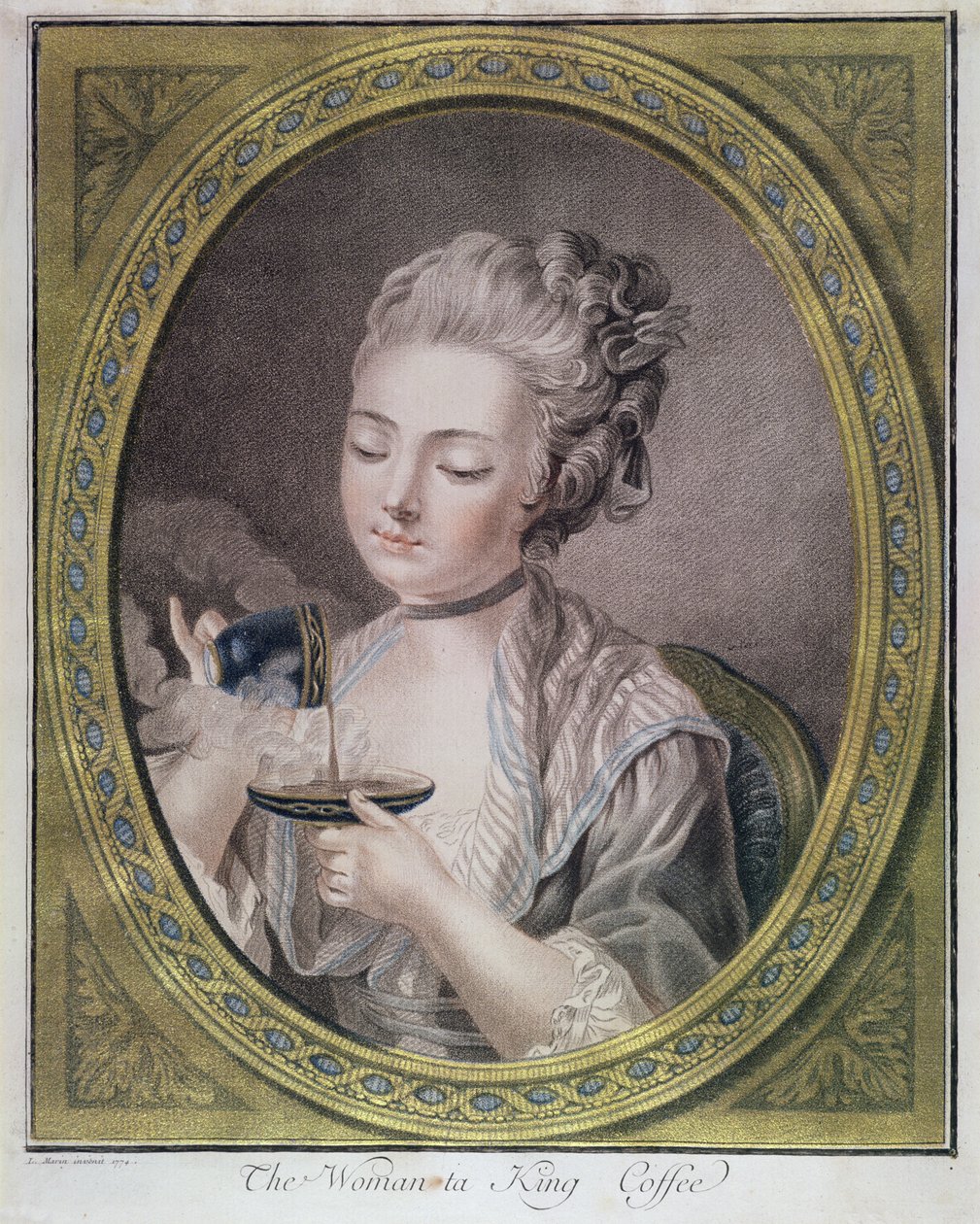 コーヒーを飲んでいる女性、1774年頃（クレヨンの彫刻、金色で彩色されたもの） 作： レオナルド・マリーニ