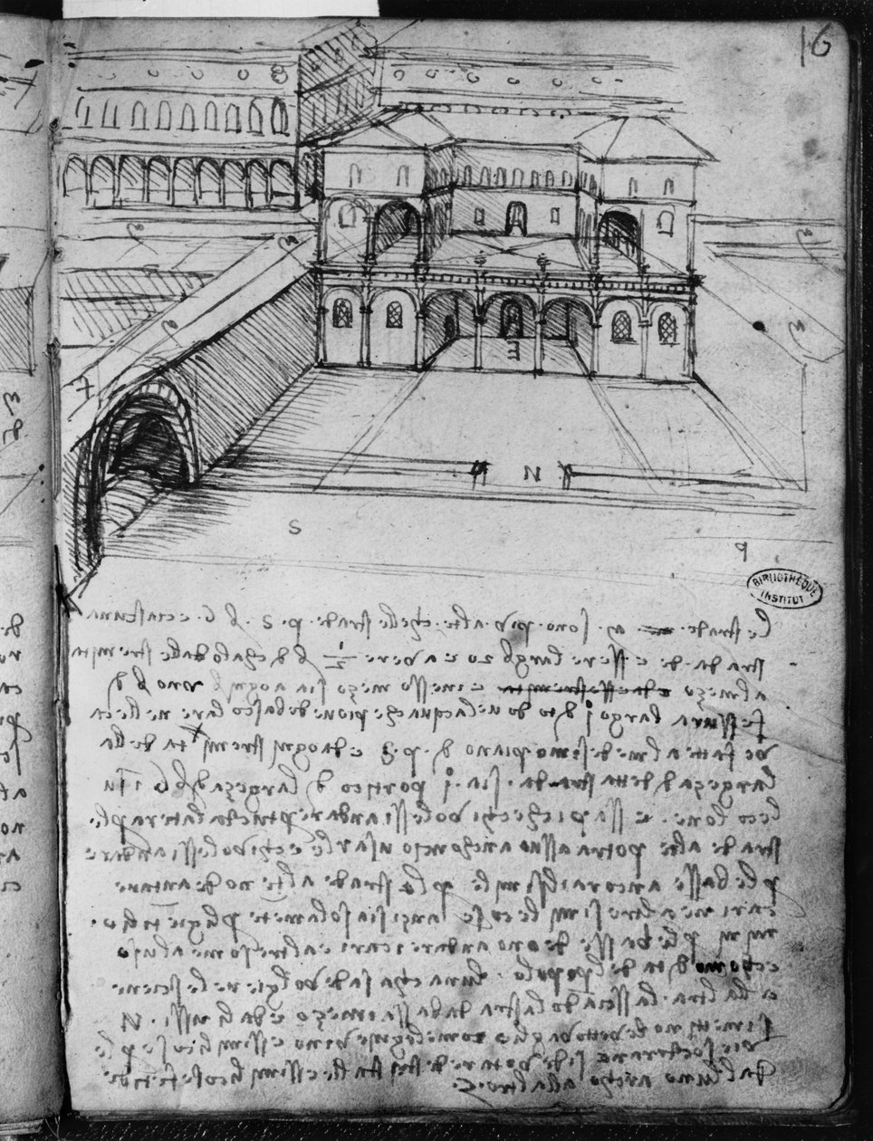 「理想的な都市」のための建築スケッチ、fol。 Paris Manuscript Bの16（recto）、1488-90（紙にペンとインク） 作： レオナルド・ダ・ヴィンチ
