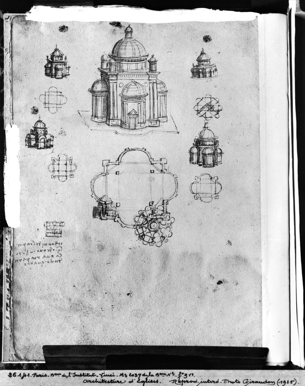 中心に計画された教会のためのデザイン、フォル。 Codex Ashburnham IおよびIIからの3v（以前の原稿B（2184）の一部）、c.1492 作： レオナルド・ダ・ヴィンチ