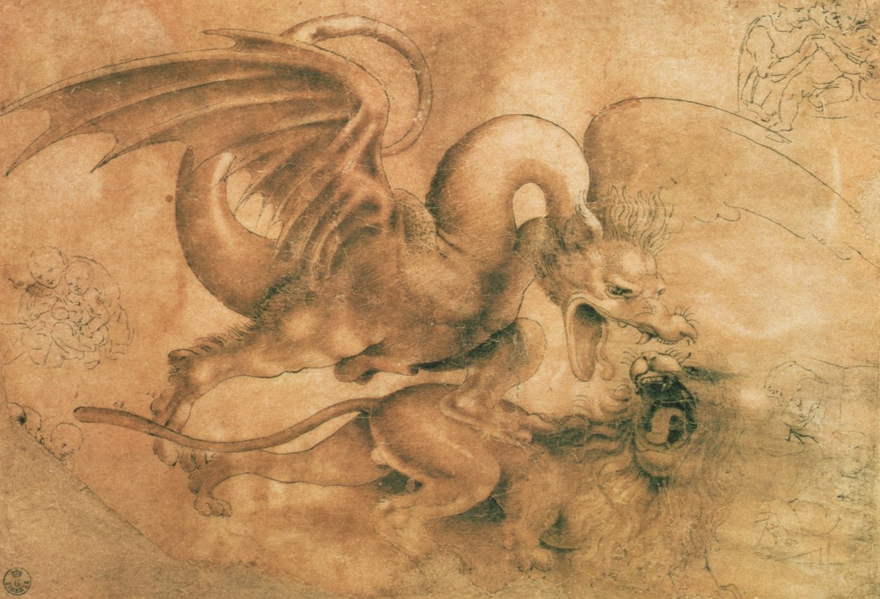 ドラゴンとライオンの間の戦い（紙の上にウォッシュされた茶色のインク） 作： レオナルド・ダ・ヴィンチ